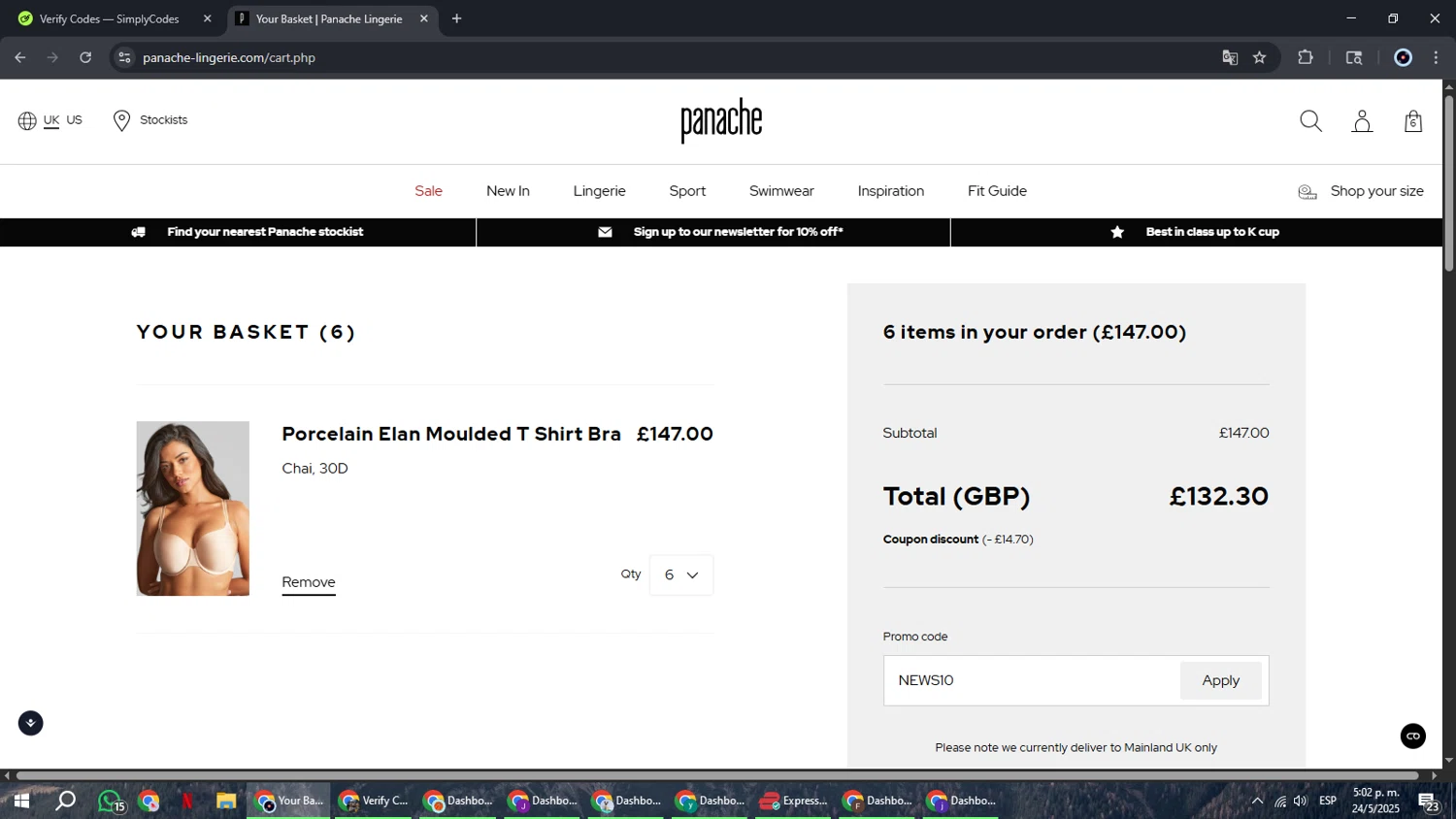 Panache Lingerie discount code screenshot showing code NEWS10 applied at Panache Lingerie checkout page. Uploaded by SimplyCodes community member RoyalBoss4384 on May 24, 2025