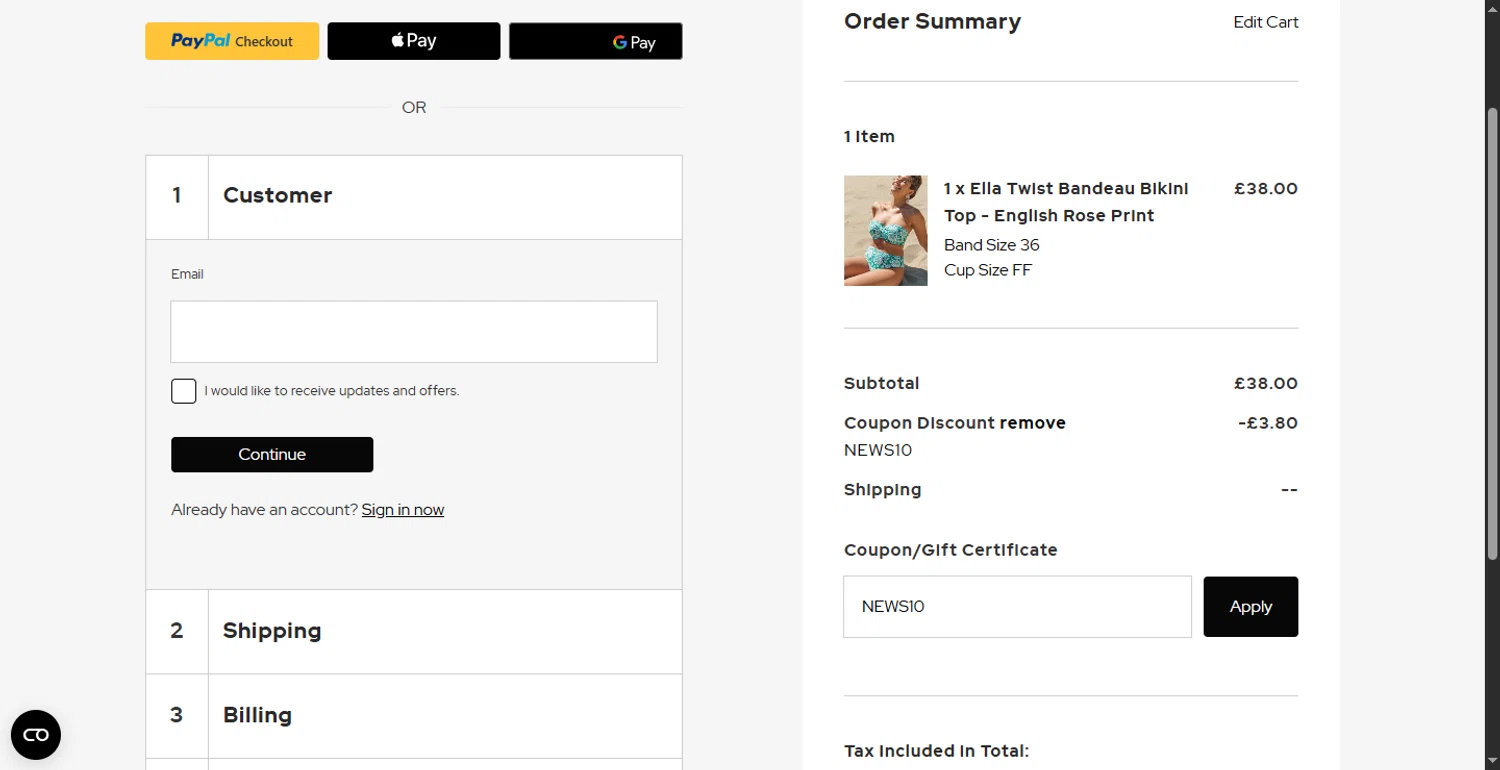 Panache Lingerie discount code screenshot showing code NEWS10 applied at Panache Lingerie checkout page. Uploaded by SimplyCodes community member ShieldLion4225 on May 17, 2025