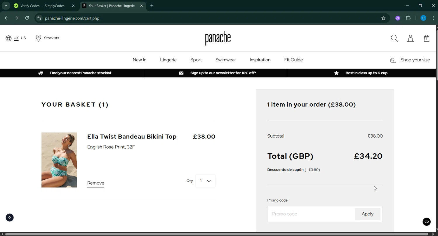 Panache Lingerie discount code screenshot showing code NEWS10 applied at Panache Lingerie checkout page. Uploaded by SimplyCodes community member _____________ on May 10, 2025