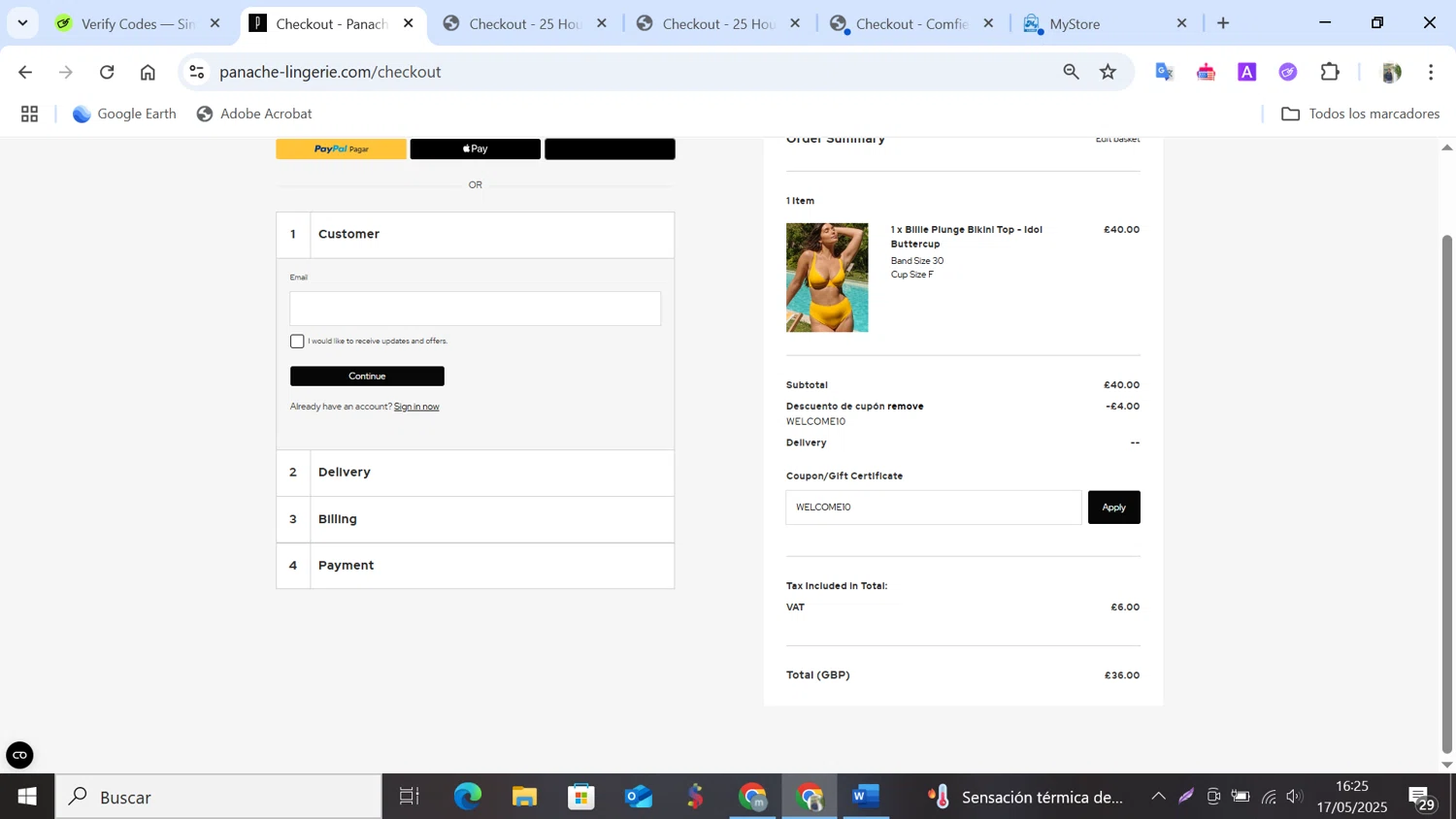Panache Lingerie discount code screenshot showing code WELCOME10 applied at Panache Lingerie checkout page. Uploaded by SimplyCodes community member NobleMonarch5837 on May 17, 2025