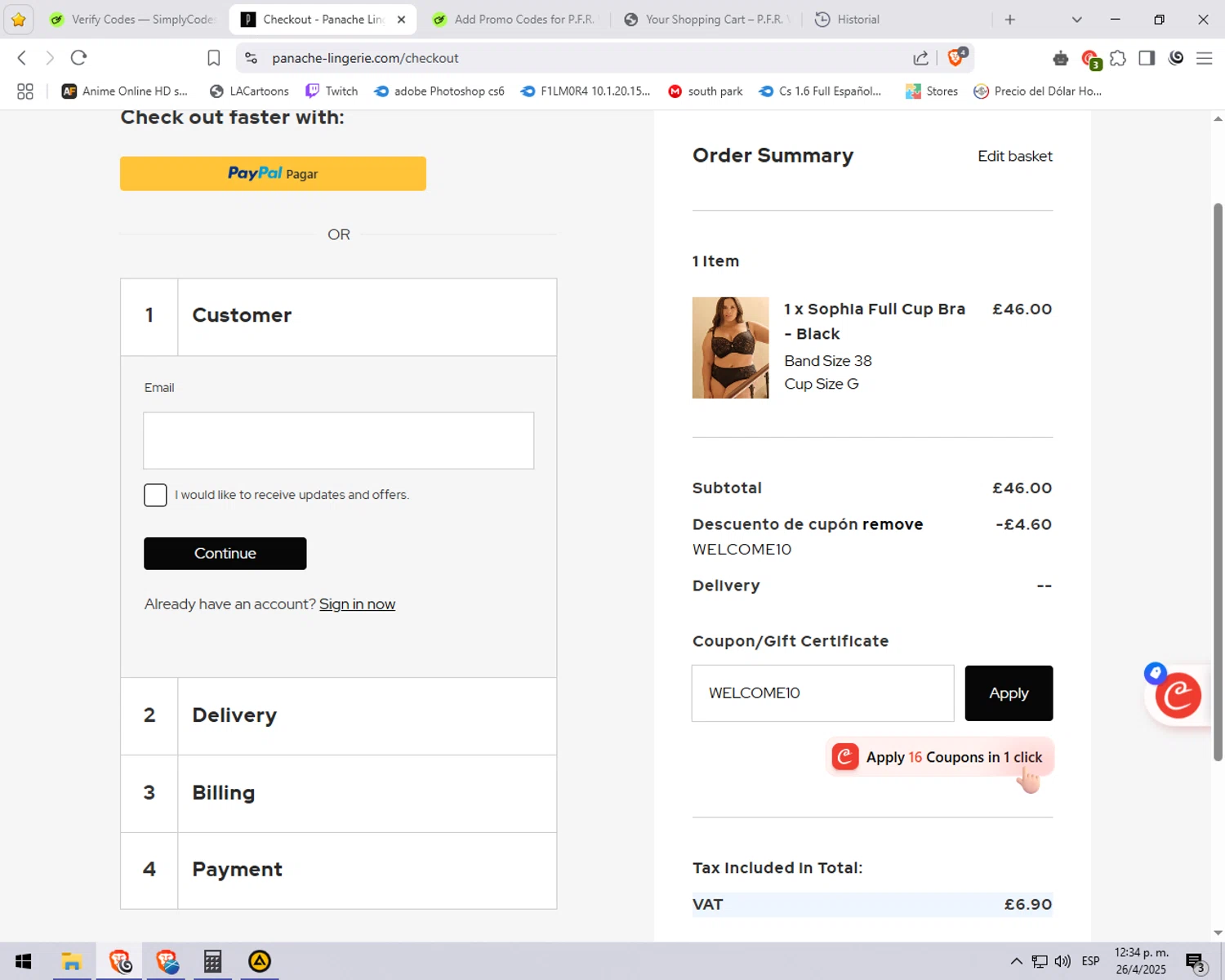 Panache Lingerie discount code screenshot showing code WELCOME10 applied at Panache Lingerie checkout page. Uploaded by SimplyCodes community member explorerr_exe on Apr 26, 2025