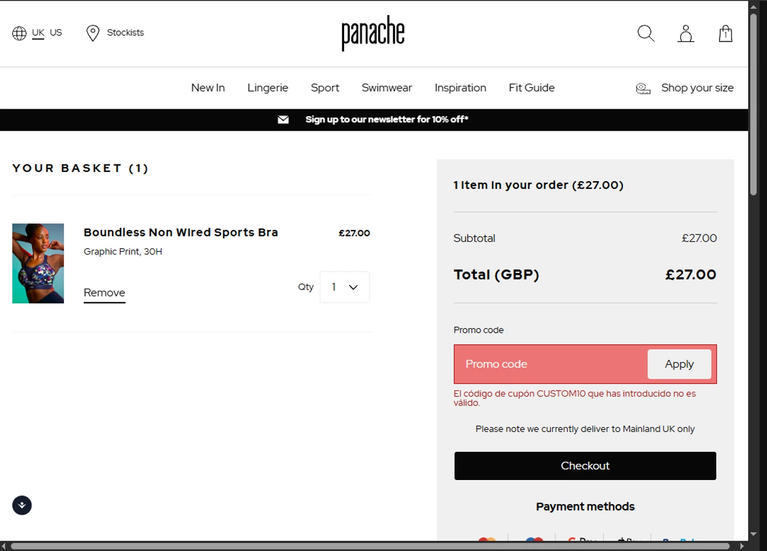 Panache Lingerie discount code screenshot showing code CUSTOM10 applied at Panache Lingerie checkout page. Uploaded by SimplyCodes community member MoneyScout2554 on Jun 15, 2025