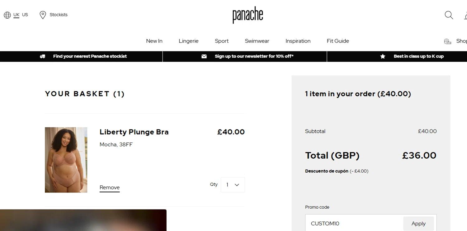 Panache Lingerie discount code screenshot showing code CUSTOM10 applied at Panache Lingerie checkout page. Uploaded by SimplyCodes community member ricardoramirez1 on Jul 10, 2025
