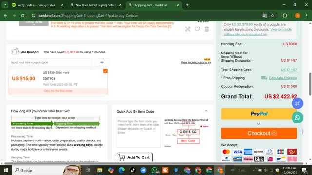 PandaHall.com checkout page showing PandaHall.com coupon code box | Screenshot taken by SimplyCodes community member on Sep 12, 2025
