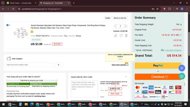 PandaHall.com checkout page showing PandaHall.com coupon code box | Screenshot taken by SimplyCodes community member on Aug 14, 2025