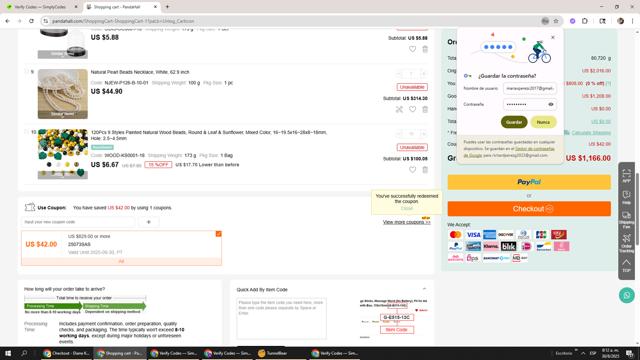 PandaHall.com checkout page showing PandaHall.com coupon code box | Screenshot taken by SimplyCodes community member on Aug 30, 2025