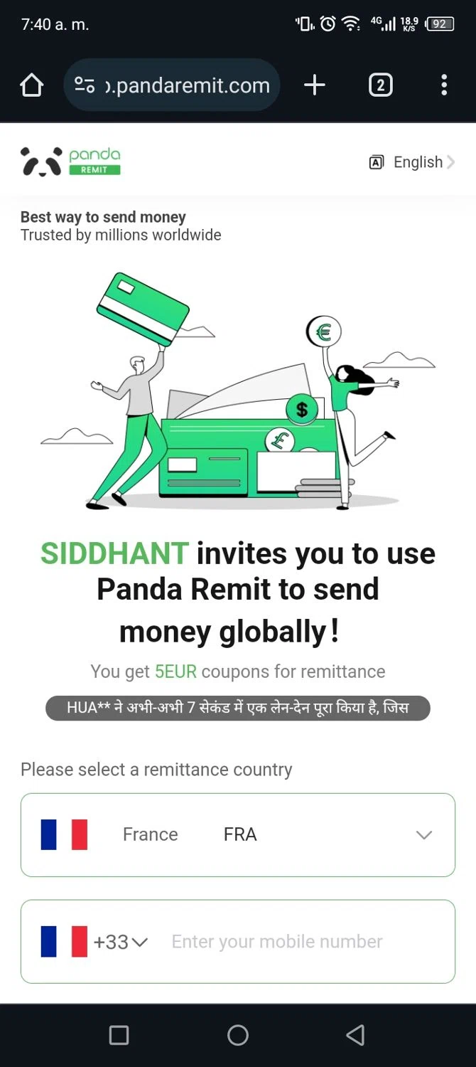 Panda Remit checkout page showing Panda Remit promo code box | Screenshot taken by SimplyCodes community member on Jan 20, 2024