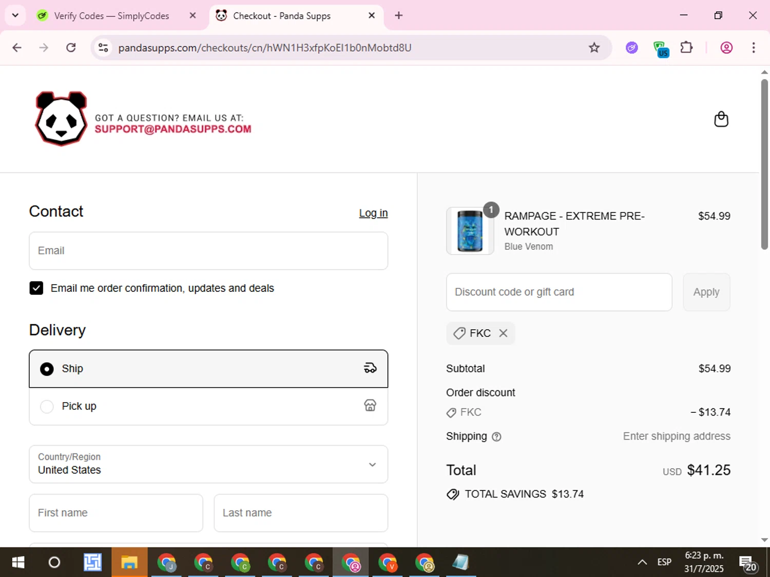 Panda Supps discount code screenshot showing code fkc applied at Panda Supps checkout page. Uploaded by SimplyCodes community member QuestCurator1644 on Jul 31, 2025