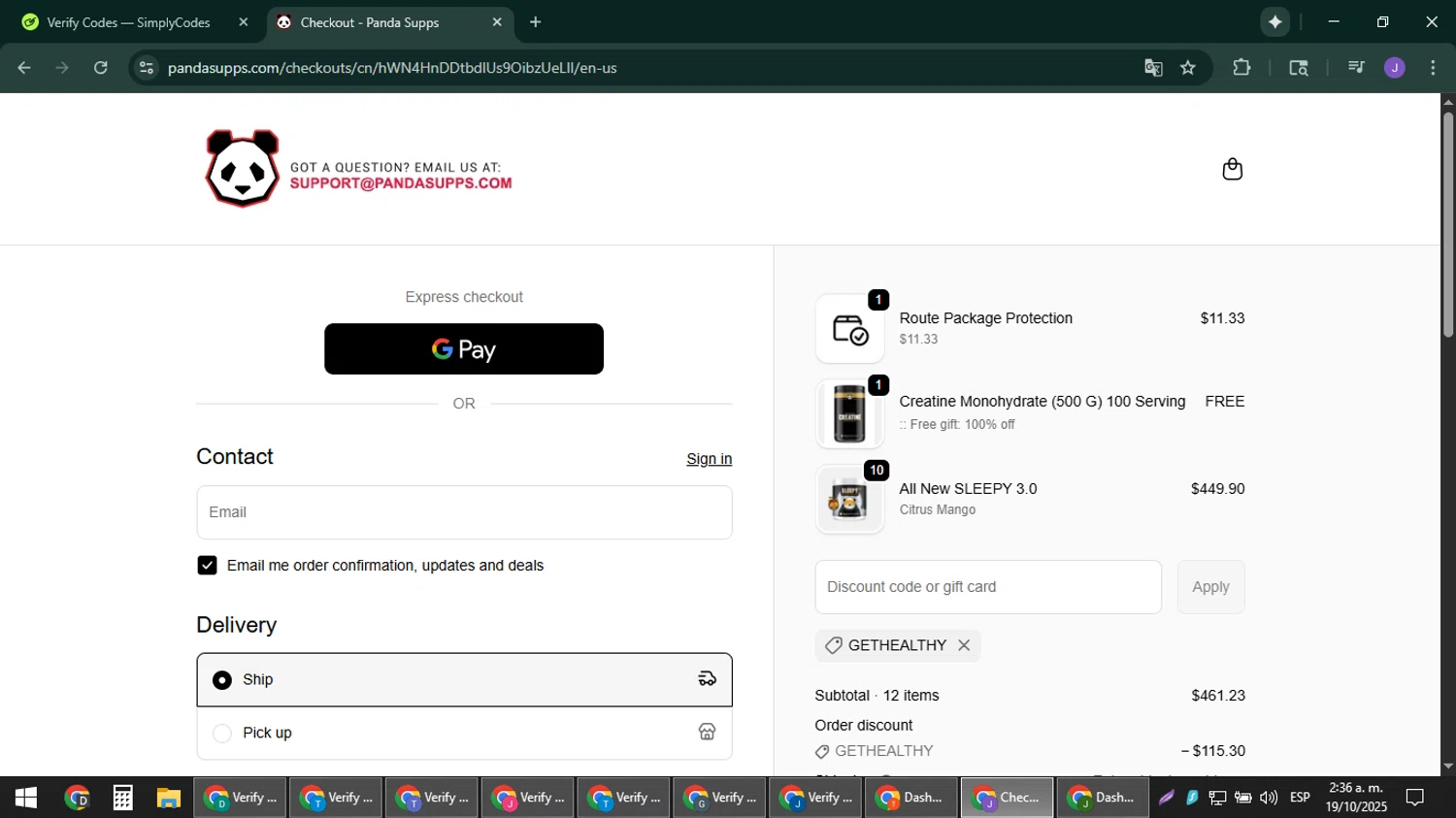 Panda Supps discount code screenshot showing code GETHEALTHY applied at Panda Supps checkout page. Uploaded by SimplyCodes community member sniderjack453 on Oct 19, 2025