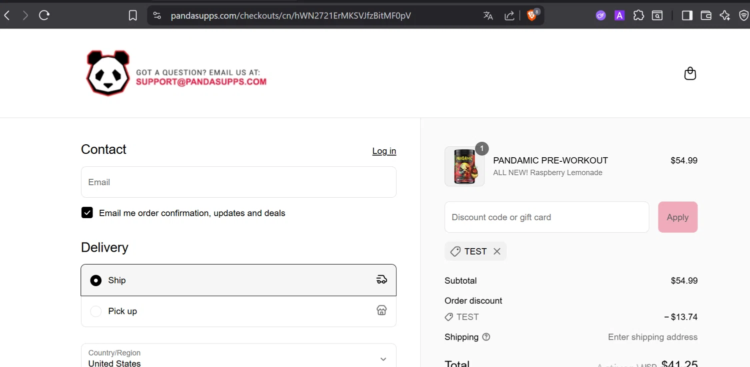 Panda Supps discount code screenshot showing code TEST applied at Panda Supps checkout page. Uploaded by SimplyCodes community member DiaCritics on Aug 23, 2025