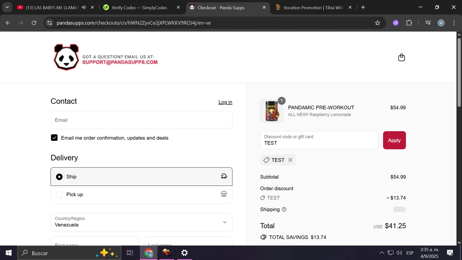 Panda Supps discount code screenshot showing code TEST applied at Panda Supps checkout page. Uploaded by SimplyCodes community member Frizk_1 on Sep 4, 2025
