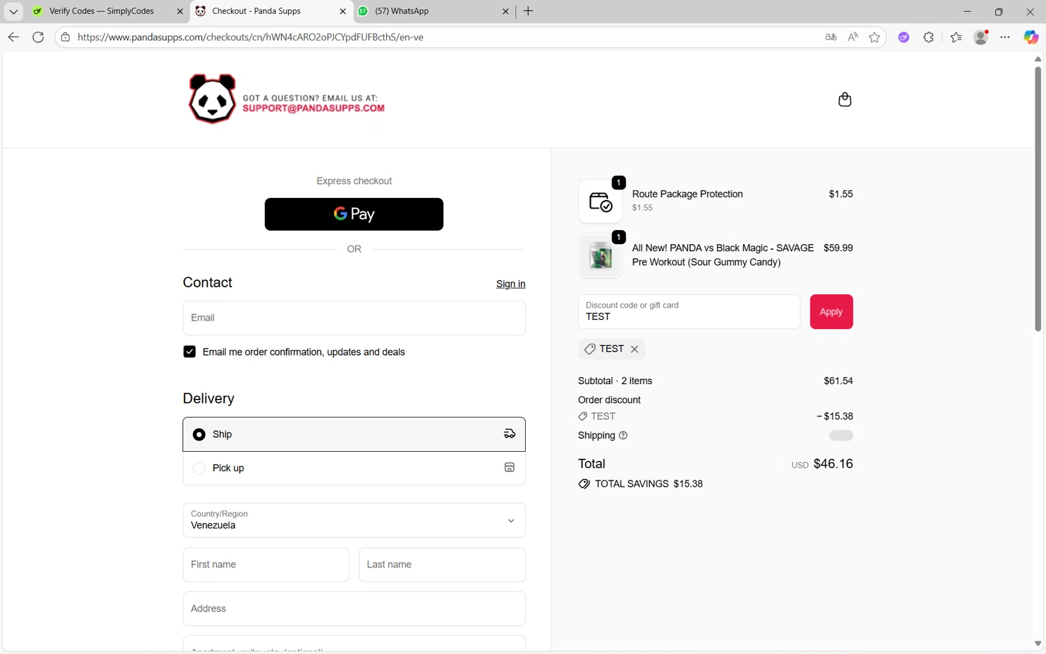 Panda Supps discount code screenshot showing code TEST applied at Panda Supps checkout page. Uploaded by SimplyCodes community member juanx1702 on Oct 27, 2025