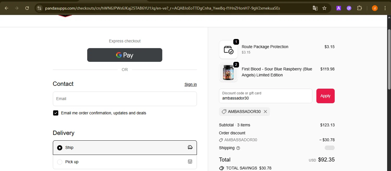 Panda Supps discount code screenshot showing code ambassador30 applied at Panda Supps checkout page. Uploaded by SimplyCodes community member PennyAdmiral6960 on Dec 11, 2025