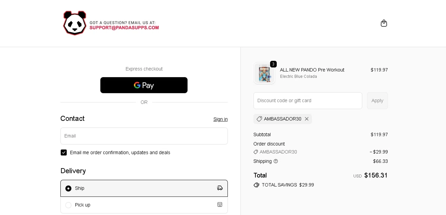 Panda Supps discount code screenshot showing code ambassador30 applied at Panda Supps checkout page. Uploaded by SimplyCodes community member PennySage5996 on Dec 29, 2025