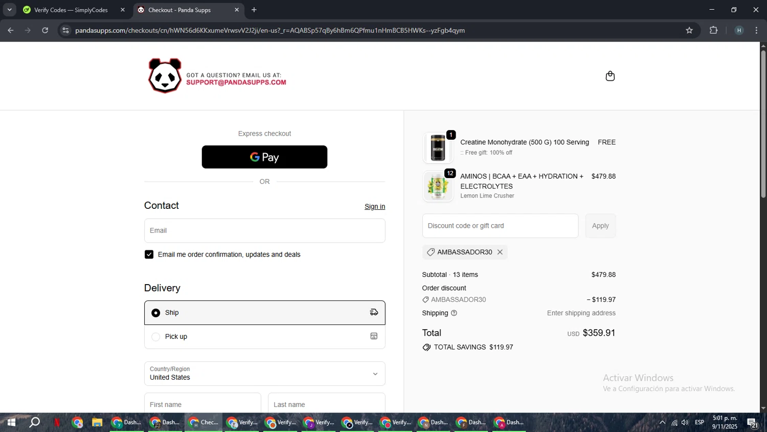 Panda Supps discount code screenshot showing code ambassador30 applied at Panda Supps checkout page. Uploaded by SimplyCodes community member YAMAHA on Nov 9, 2025
