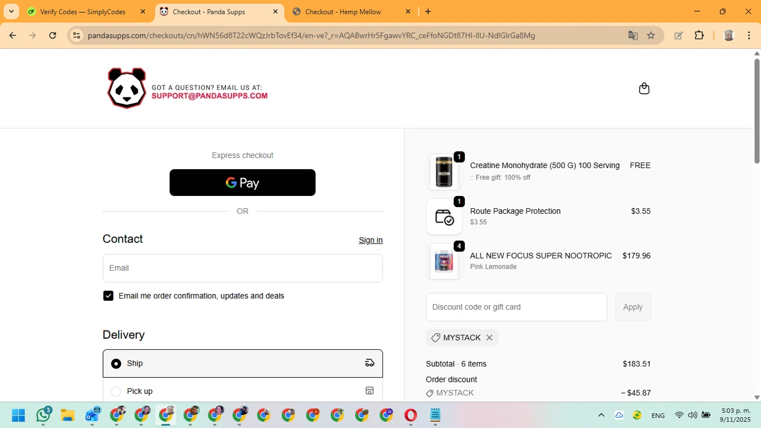 Panda Supps discount code screenshot showing code mystack applied at Panda Supps checkout page. Uploaded by SimplyCodes community member ManuelF on Nov 9, 2025