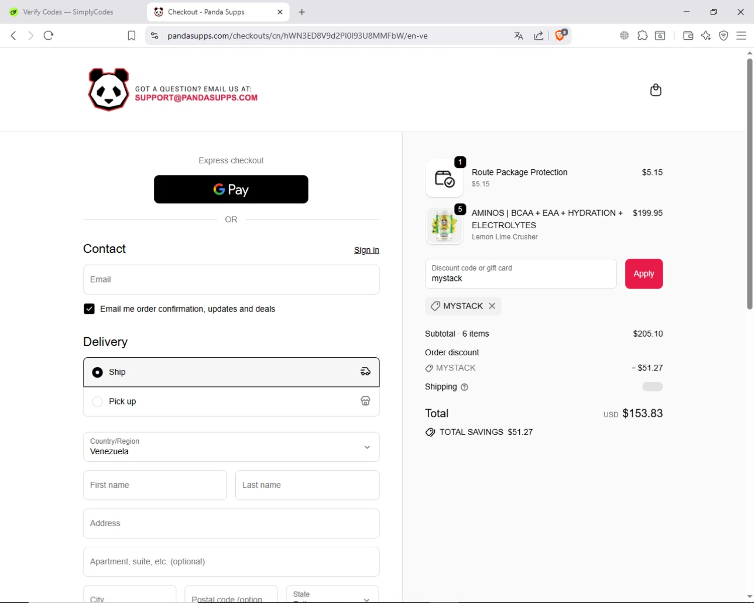 Panda Supps discount code screenshot showing code mystack applied at Panda Supps checkout page. Uploaded by SimplyCodes community member ShieldAdmiral6835 on Sep 21, 2025
