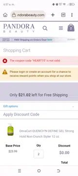 Pandora Beauty coupon verification screenshot