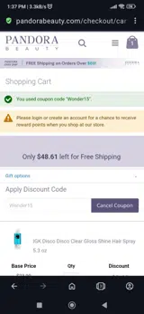 Pandora Beauty coupon verification screenshot