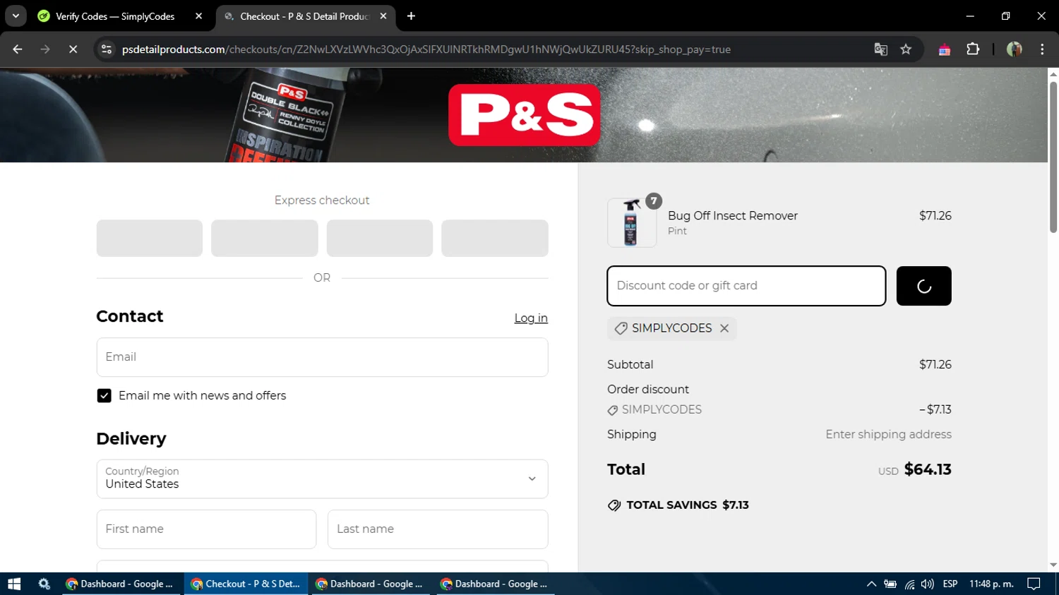 P&S Detail Products promo code screenshot showing code SIMPLYCODES applied at P&S Detail Products checkout page. Uploaded by SimplyCodes community member MoneySentinel7597 on Apr 3, 2025
