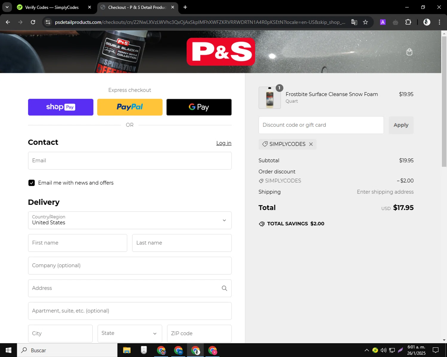 P&S Detail Products promo code screenshot showing code SIMPLYCODES applied at P&S Detail Products checkout page. Uploaded by SimplyCodes community member CleverSentinel9441 on Jan 26, 2025
