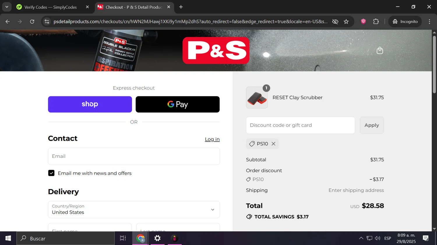 P&S Detail Products promo code screenshot showing code PS10 applied at P&S Detail Products checkout page. Uploaded by SimplyCodes community member Anderson on Aug 29, 2025