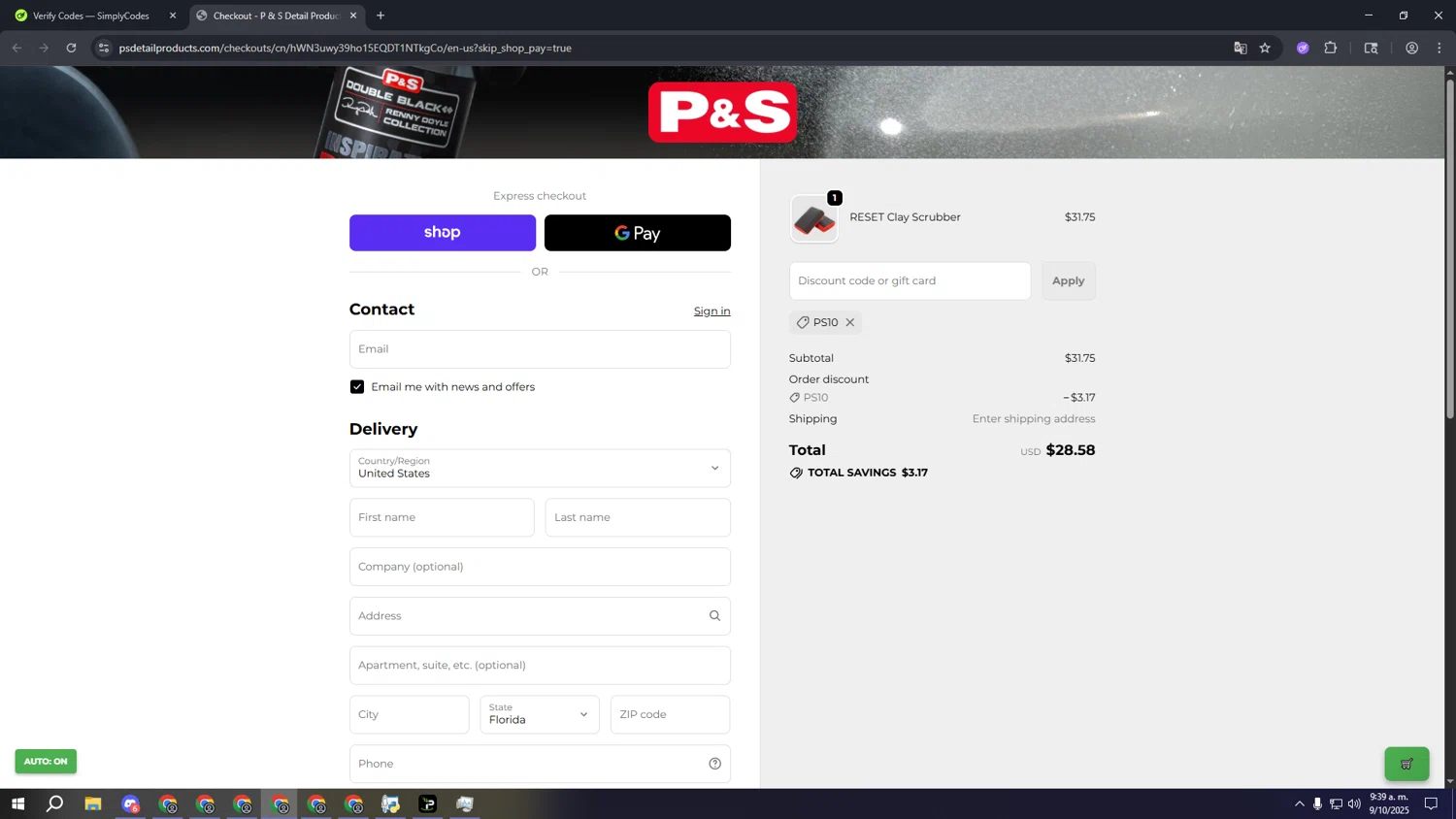 P&S Detail Products promo code screenshot showing code PS10 applied at P&S Detail Products checkout page. Uploaded by SimplyCodes community member lllllllllllllll on Oct 9, 2025