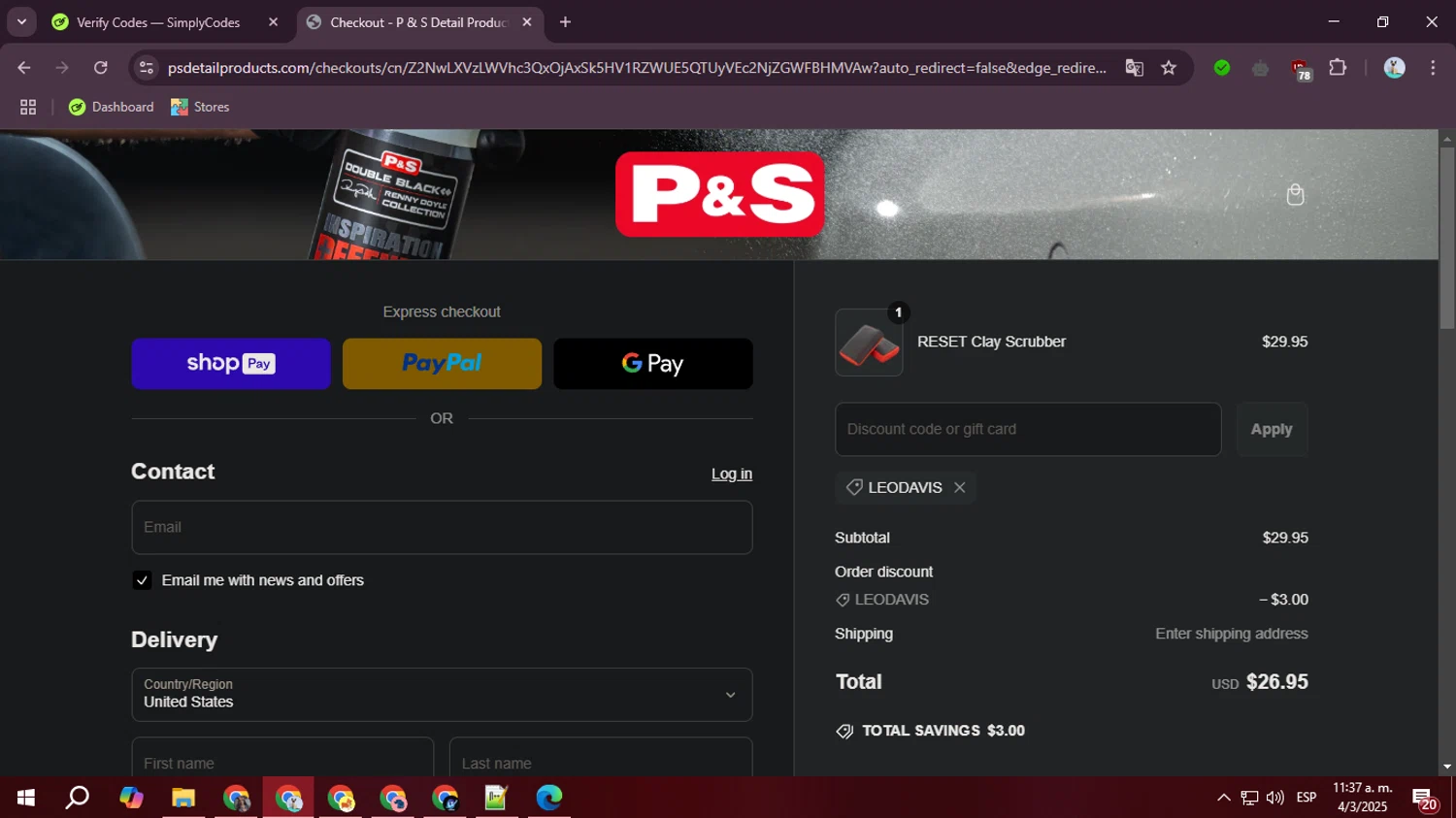 P&S Detail Products promo code screenshot showing code LEODAVIS applied at P&S Detail Products checkout page. Uploaded by SimplyCodes community member ValiantLegend7294 on Mar 4, 2025