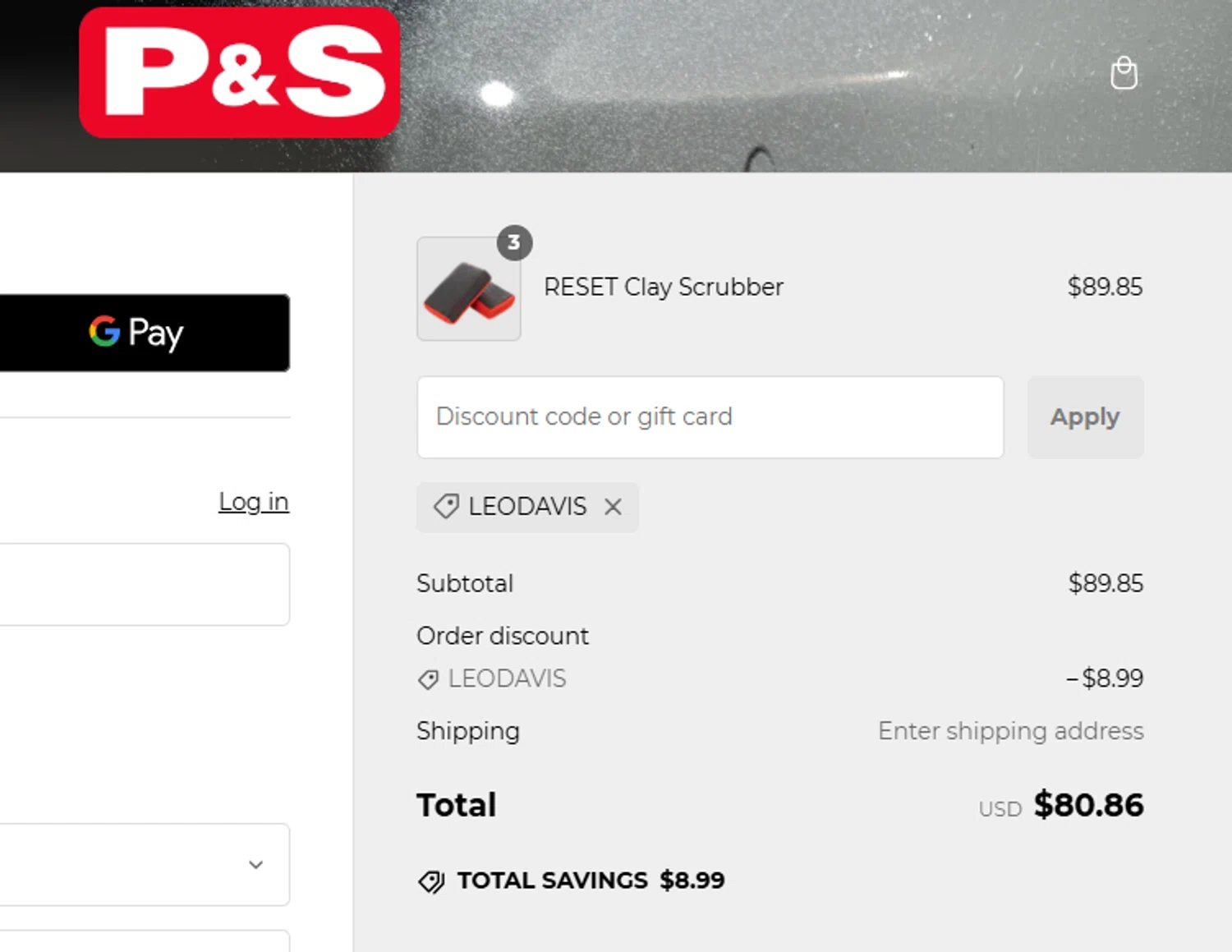 P&S Detail Products promo code screenshot showing code LEODAVIS applied at P&S Detail Products checkout page. Uploaded by SimplyCodes community member Eminem on Jan 4, 2025