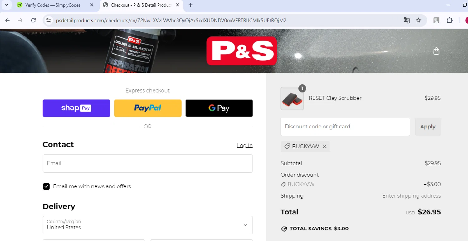 P&S Detail Products promo code screenshot showing code Buckyvw applied at P&S Detail Products checkout page. Uploaded by SimplyCodes community member CleverNavigator9655 on Jan 6, 2025