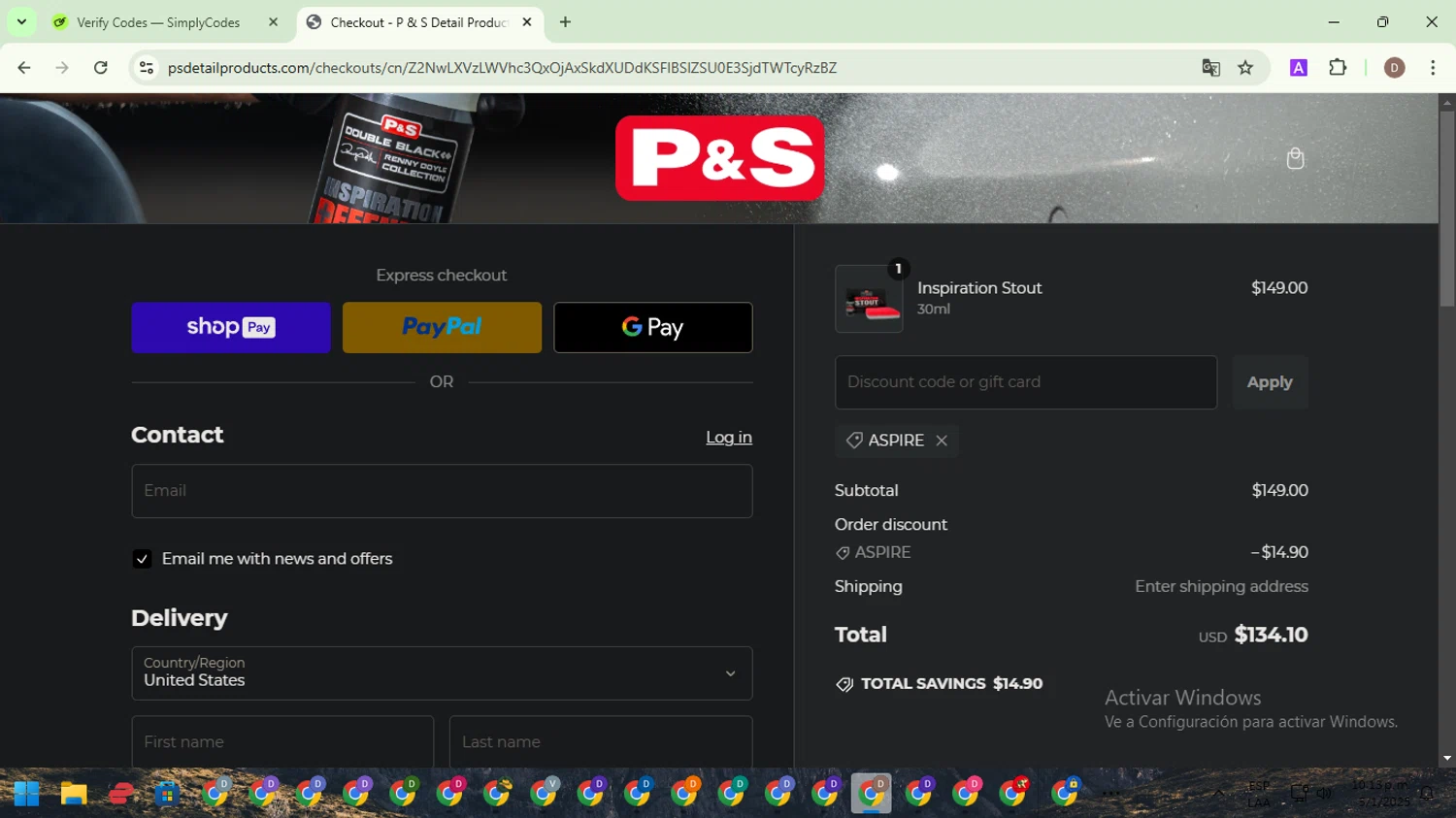 P&S Detail Products promo code screenshot showing code ASPIRE applied at P&S Detail Products checkout page. Uploaded by SimplyCodes community member NobleWarden6764 on Jan 6, 2025