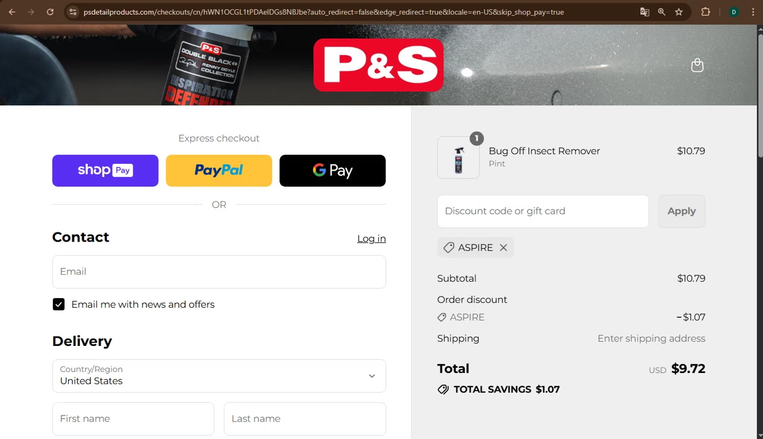 P&S Detail Products promo code screenshot showing code ASPIRE applied at P&S Detail Products checkout page. Uploaded by SimplyCodes community member drevin007 on Aug 3, 2025