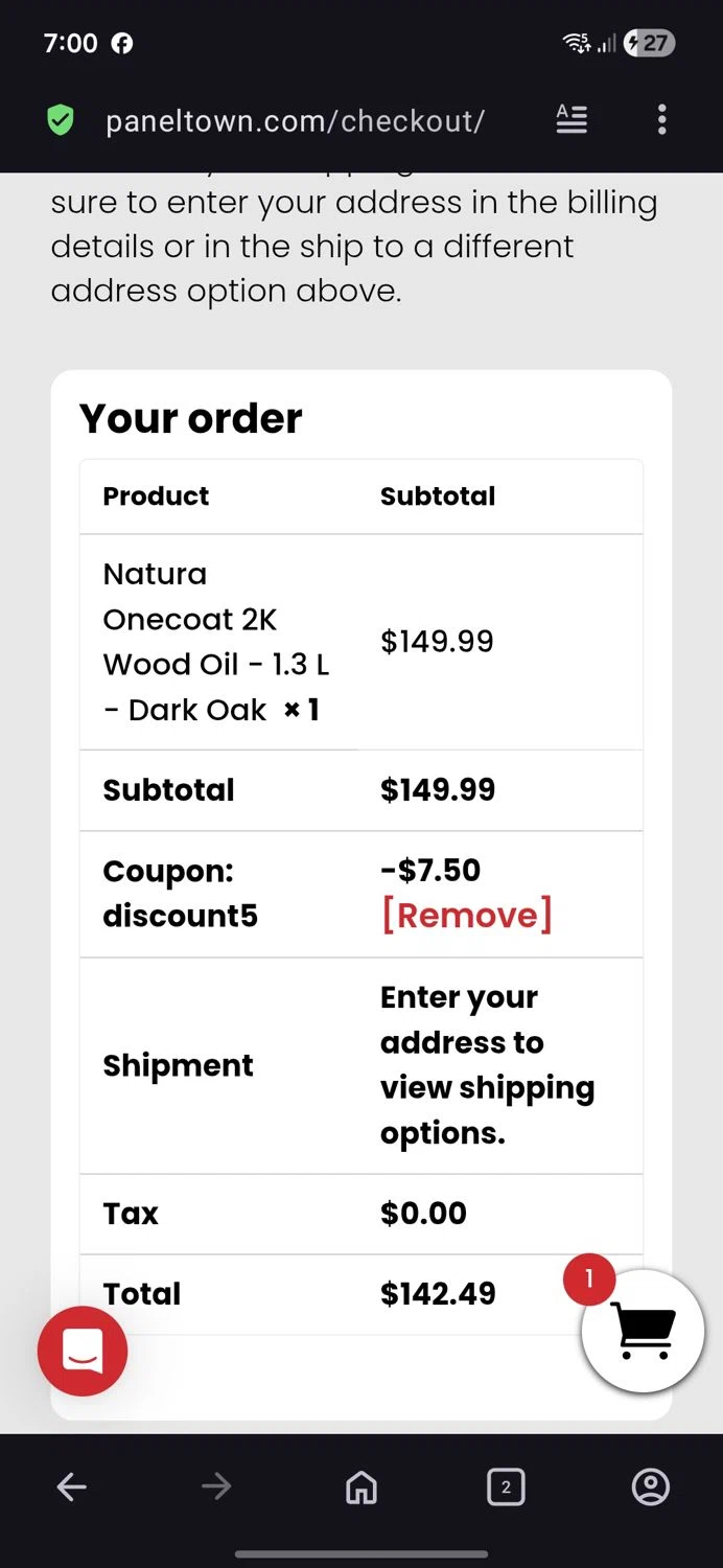 Panel Town & Floors promo code screenshot showing code Discount5 applied at Panel Town & Floors checkout page. Uploaded by SimplyCodes community member BB9542251456527 on May 3, 2026