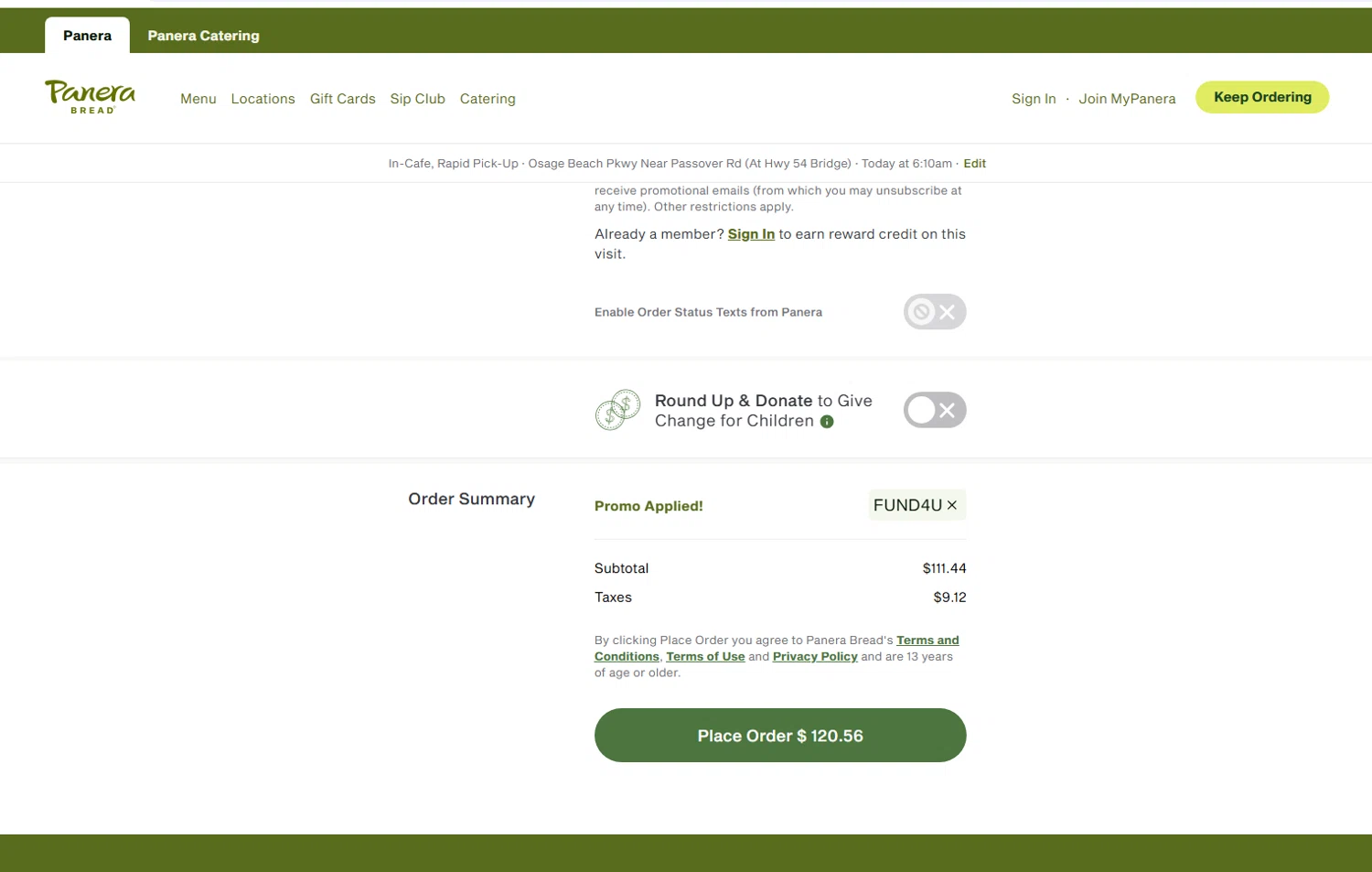 Panera Bread checkout page showing Panera Bread promo code box | Screenshot taken by SimplyCodes community member on Feb 13, 2026