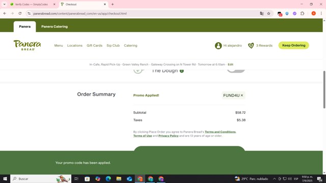 Panera Bread checkout page showing Panera Bread promo code box | Screenshot taken by SimplyCodes community member on Sep 8, 2025