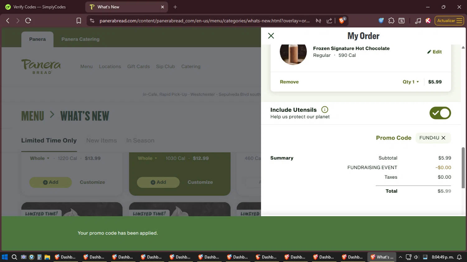Panera Bread checkout page showing Panera Bread promo code box | Screenshot taken by SimplyCodes community member on Dec 17, 2025