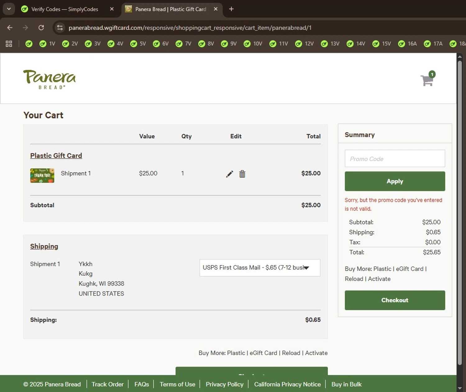 Panera Bread promo code screenshot showing code FUND4U applied at Panera Bread checkout page. Uploaded by SimplyCodes community member Locura on Dec 23, 2025