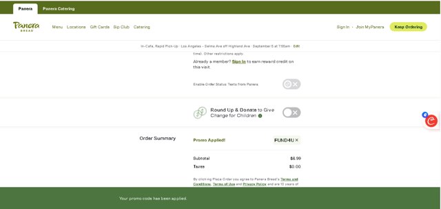 Panera Bread checkout page showing Panera Bread promo code box | Screenshot taken by SimplyCodes community member on Aug 27, 2025