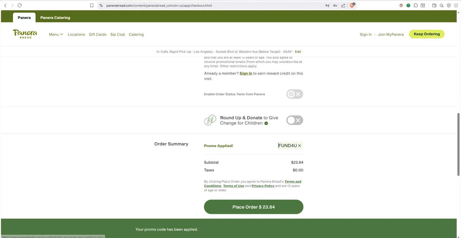 Panera Bread checkout page showing Panera Bread promo code box | Screenshot taken by SimplyCodes community member on Feb 12, 2026