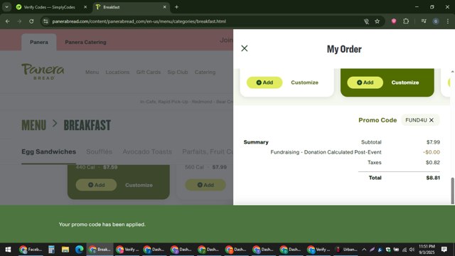 Panera Bread checkout page showing Panera Bread promo code box | Screenshot taken by SimplyCodes community member on Sep 4, 2025