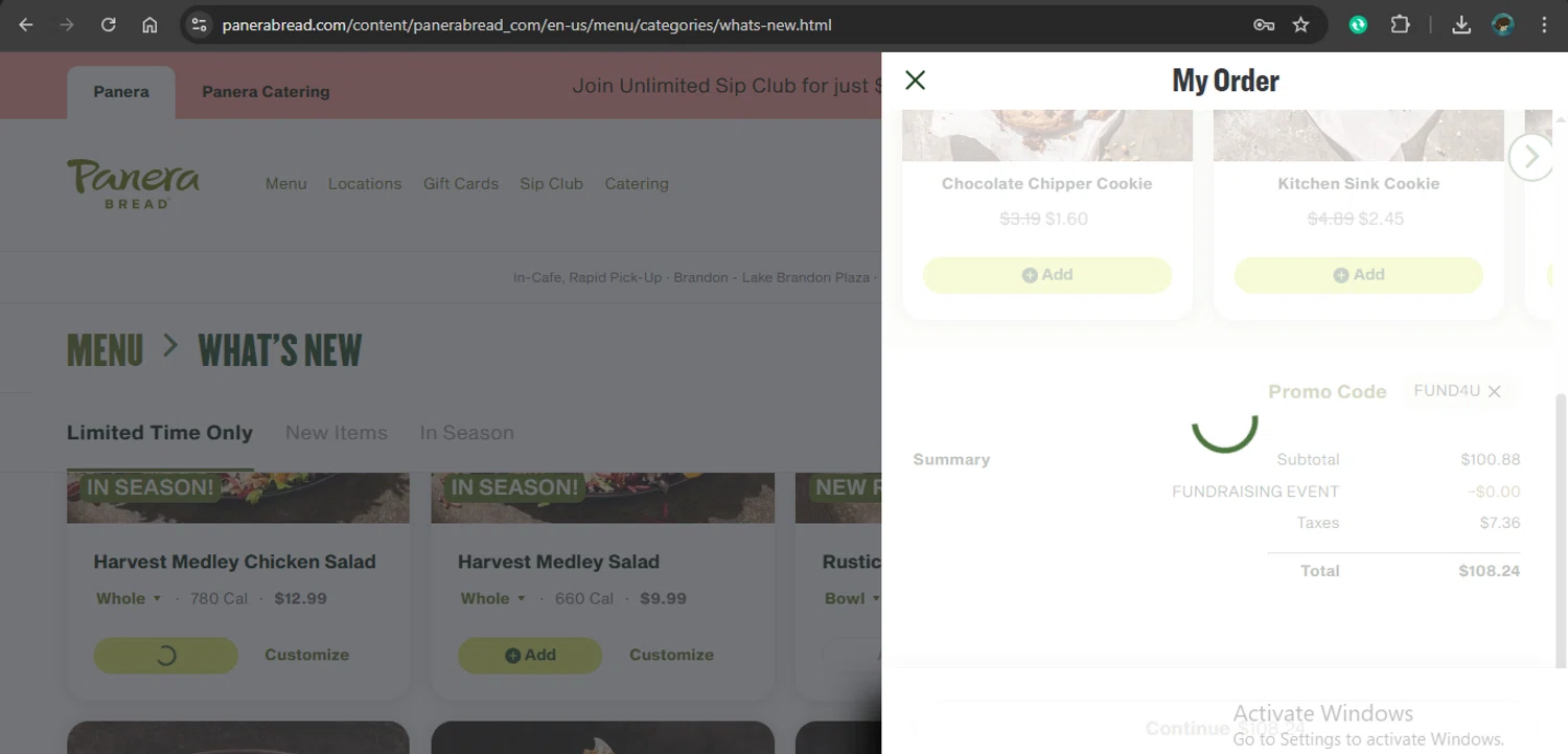 Panera Bread checkout page showing Panera Bread promo code box | Screenshot taken by SimplyCodes community member on Jan 22, 2026