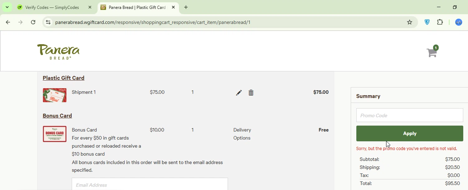 Panera Bread promo code screenshot showing code SOUP applied at Panera Bread checkout page. Uploaded by SimplyCodes community member Logoteam on Dec 2, 2025