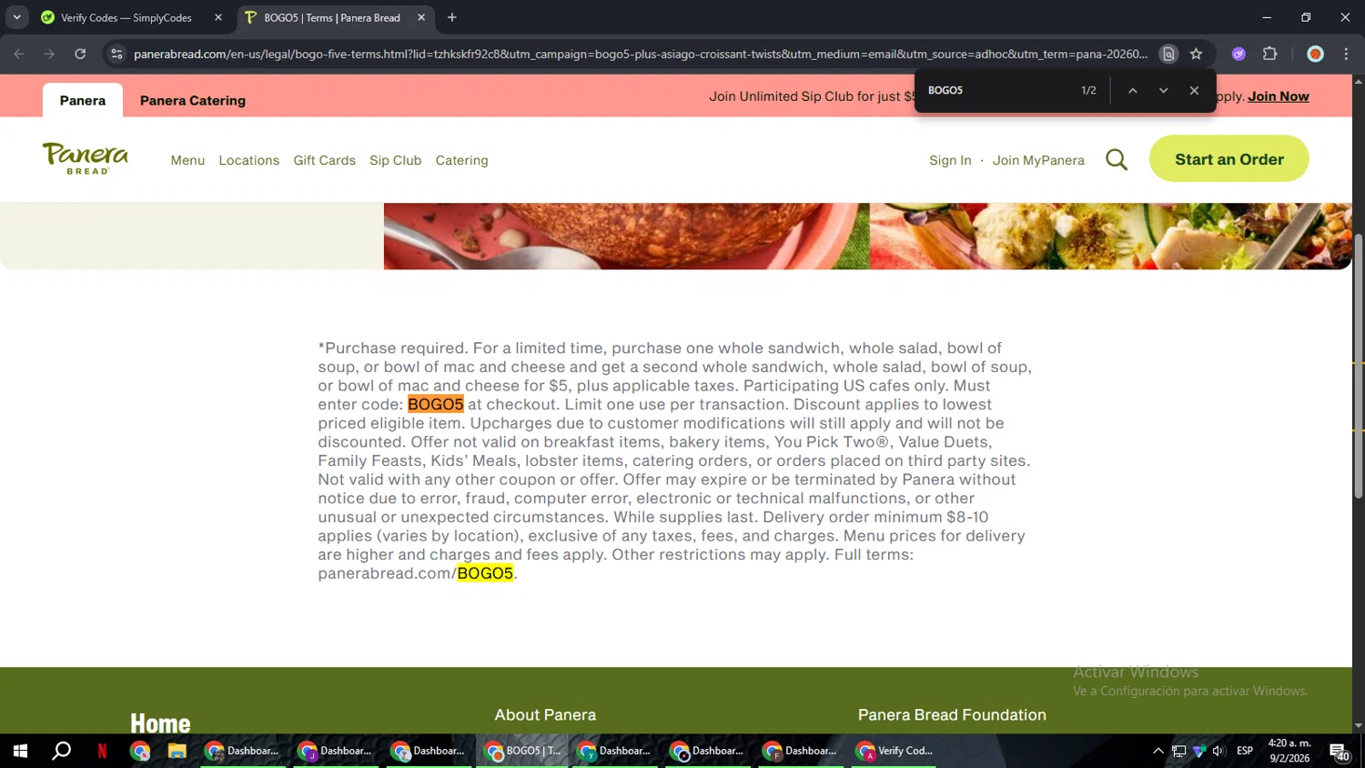 Panera Bread checkout page showing Panera Bread promo code box | Screenshot taken by SimplyCodes community member on Feb 9, 2026
