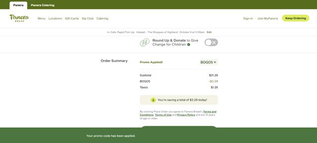 Panera Bread checkout page showing Panera Bread promo code box | Screenshot taken by SimplyCodes community member on Sep 24, 2025