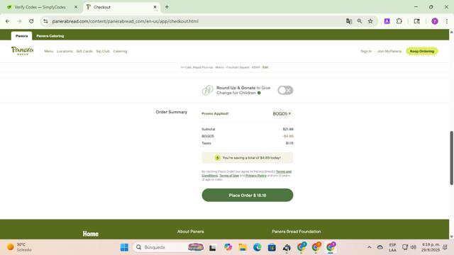 Panera Bread checkout page showing Panera Bread promo code box | Screenshot taken by SimplyCodes community member on Sep 29, 2025