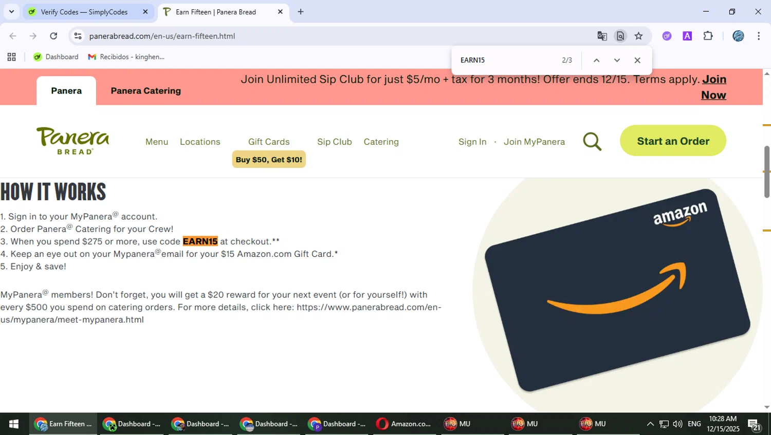 Panera Bread checkout page showing Panera Bread promo code box | Screenshot taken by SimplyCodes community member on Dec 15, 2025