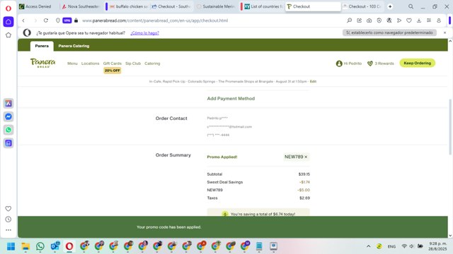 Panera Bread checkout page showing Panera Bread promo code box | Screenshot taken by SimplyCodes community member on Aug 29, 2025