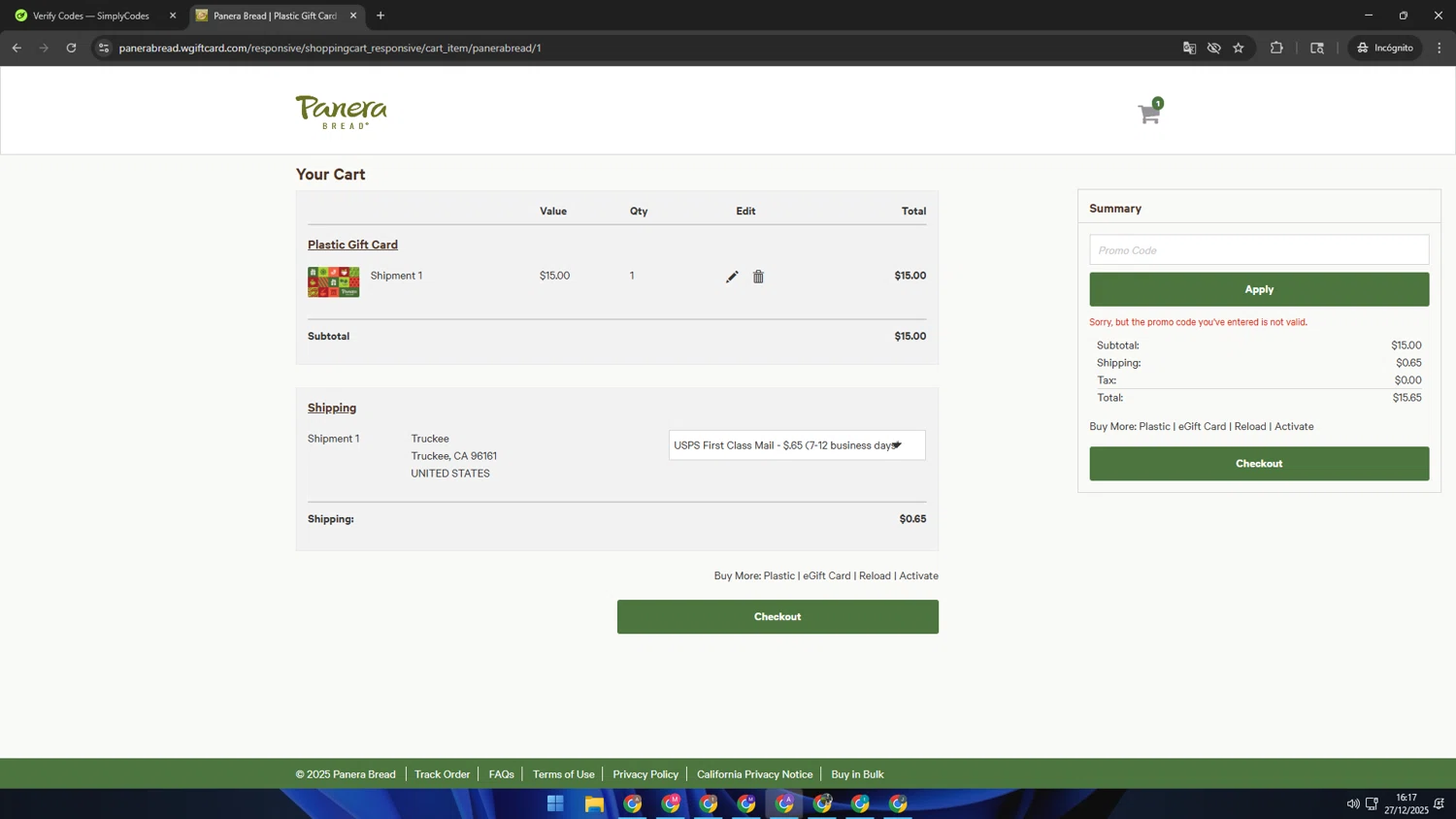 Panera Bread promo code screenshot showing code NEW789 applied at Panera Bread checkout page. Uploaded by SimplyCodes community member SAKURA on Dec 27, 2025