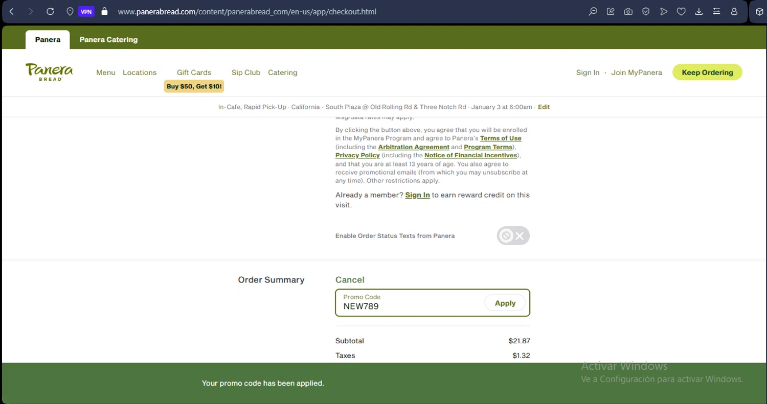 Panera Bread promo code screenshot showing code NEW789 applied at Panera Bread checkout page. Uploaded by SimplyCodes community member SilverKnight4465 on Dec 28, 2025