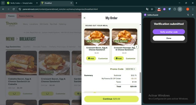 Panera Bread checkout page showing Panera Bread promo code box | Screenshot taken by SimplyCodes community member on Sep 3, 2025